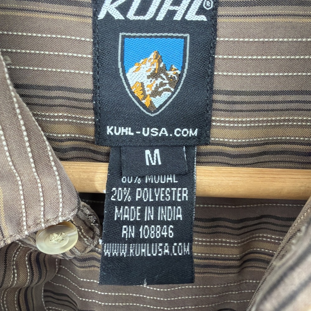 Kuhl Brown Striped Short Sleeve M Button Up Camp Shirt Outdoor Hiking Gorpcore - Picture 3 of 8
